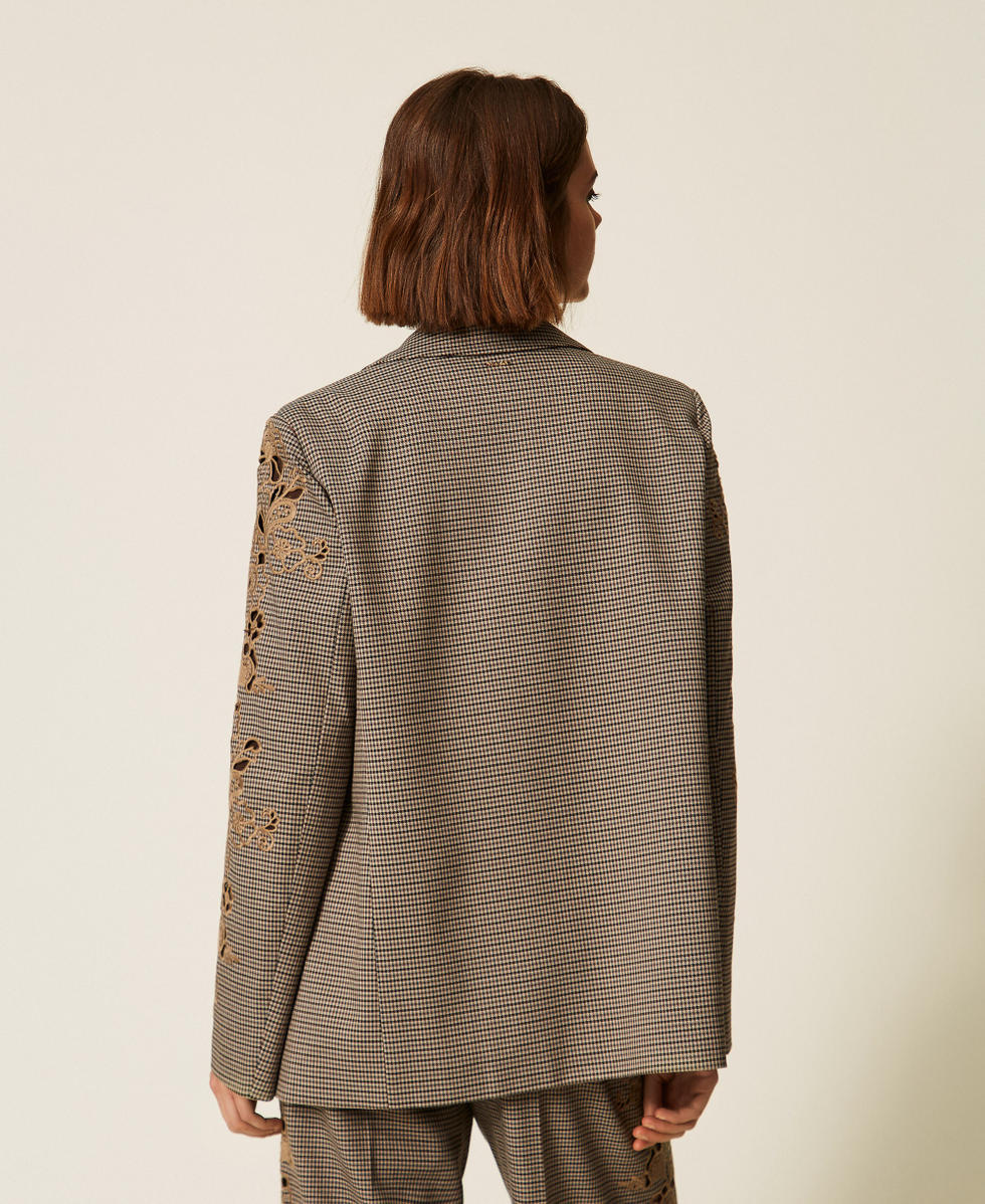 Houndstooth blazer with embroidery "Oak" Beige/Darkness Brown Houndstooth Woman 262TP2630_13828_03