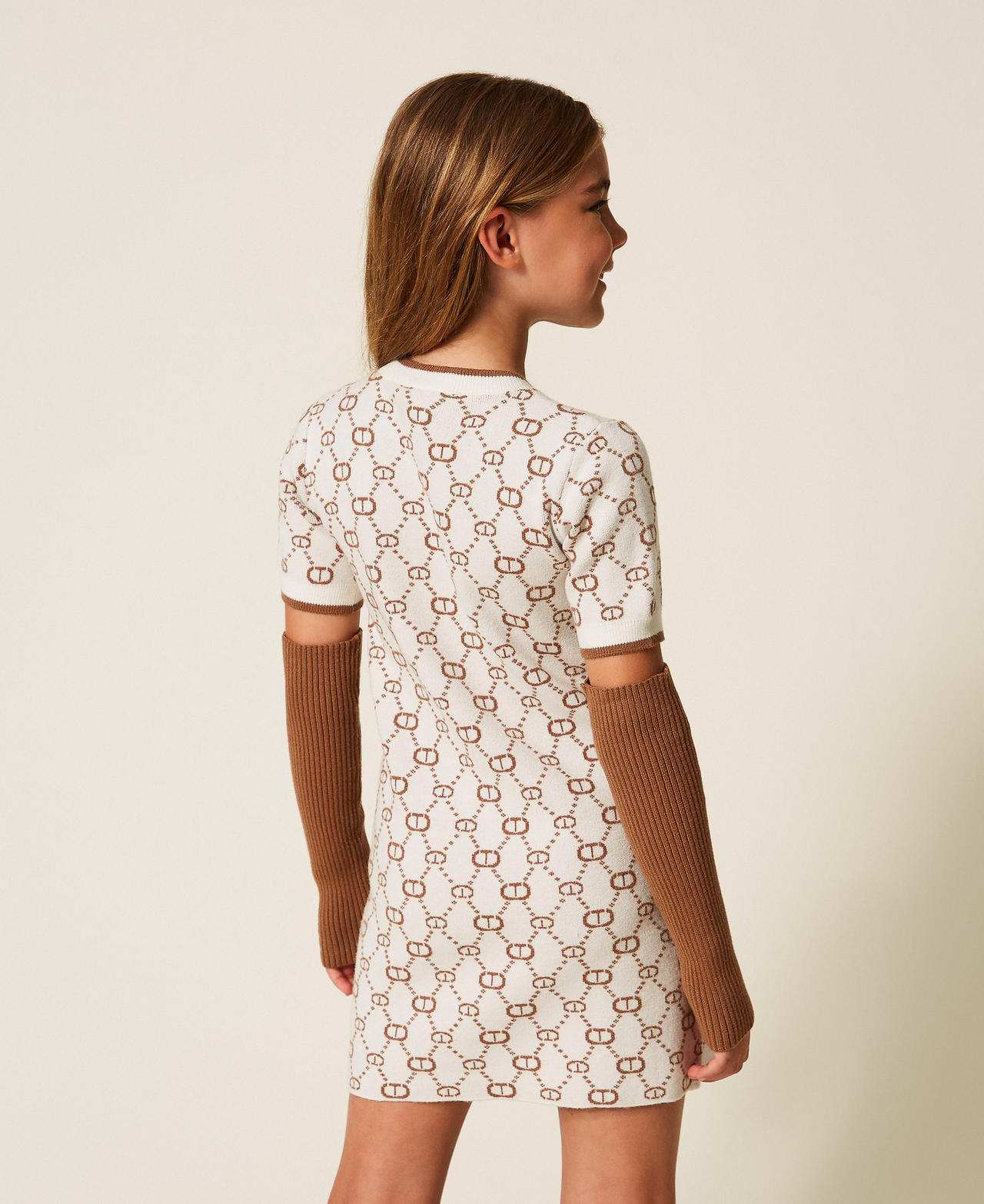 Short jacquard knit dress with removable sleeves Papyrus White/Camel Micro Logo Girl 252GJ3020_12794_03