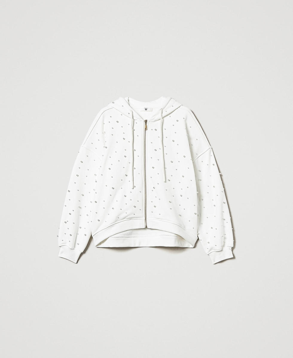 Asymmetric hoodie with pearls Antique White Woman 242LL2NBB_00245_S0