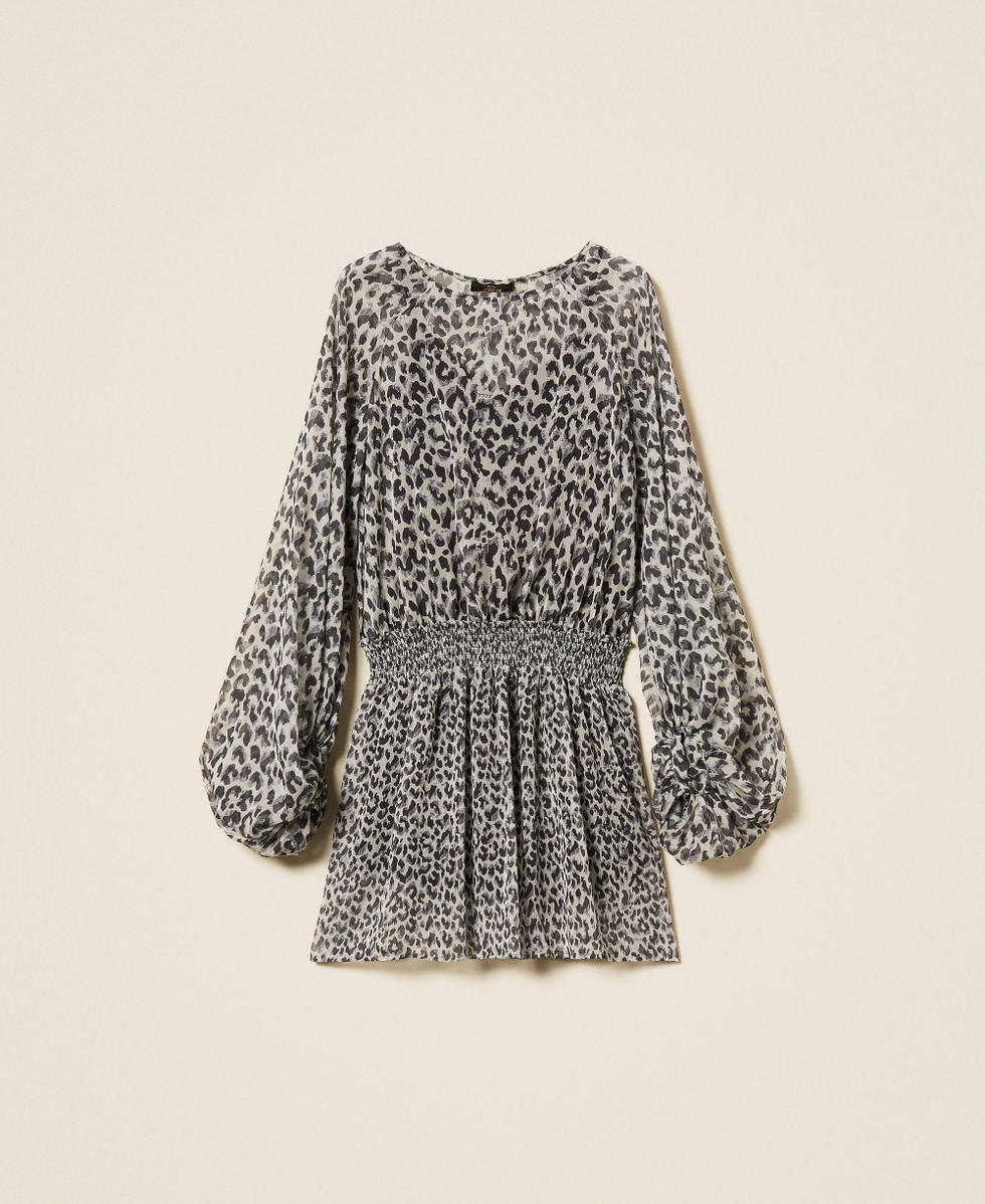 Kurzes Kleid aus Voile mit Animaldessin Animalprint Grey Frau 252AP2333_12665_S0