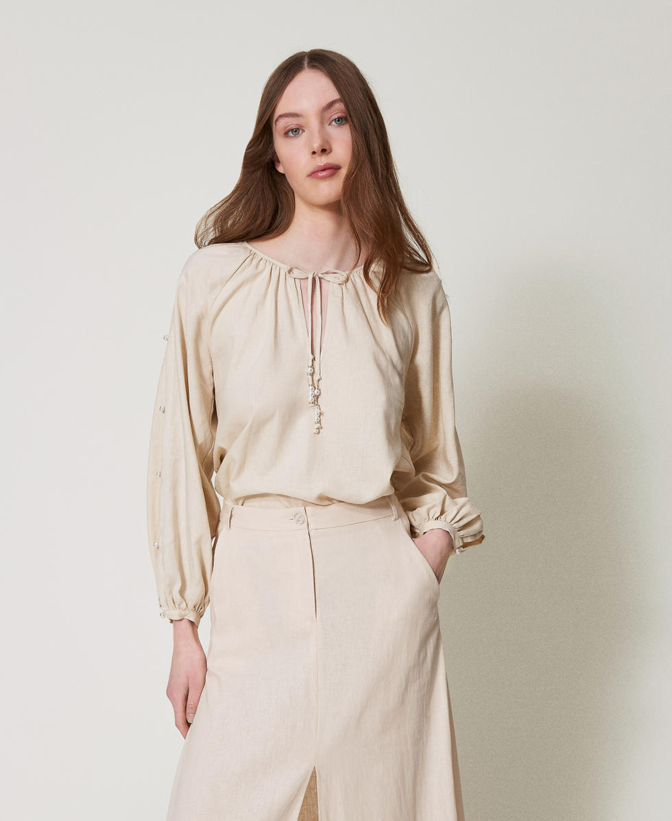 Linen-blend blouse with pearls Almond Beige Woman 251LM2QFF_12363_01