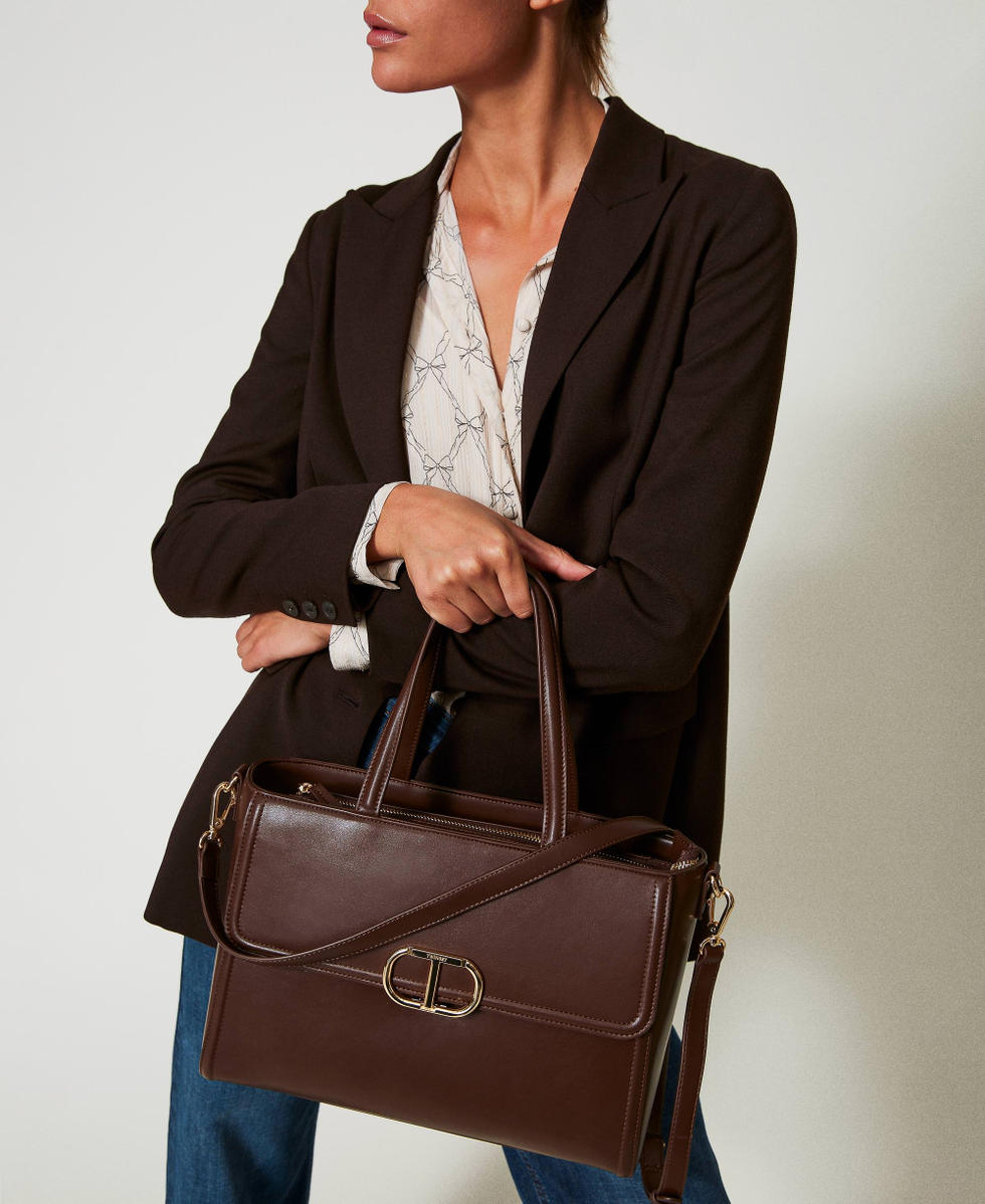 Brera shopper bag with Oval T fastener Woman Brown TWINSET Milano
