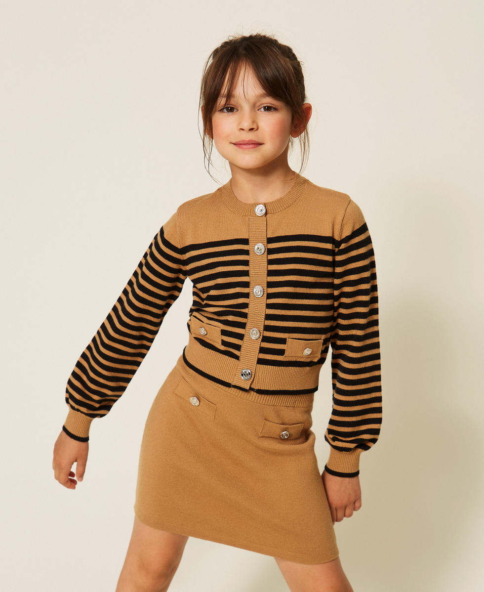 Cardigan en maille ray&eacute;e Rayure Marron "Iced Coffee"/Noir Fille 262GJ3030_13772_01