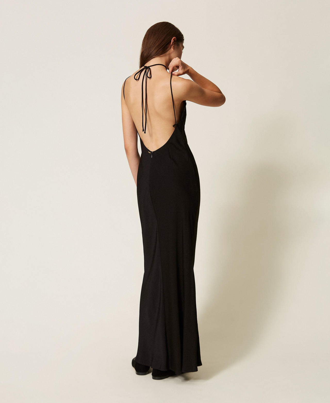 Abito lungo in raso con ricamo Nero Donna 262TT2450_00006_03