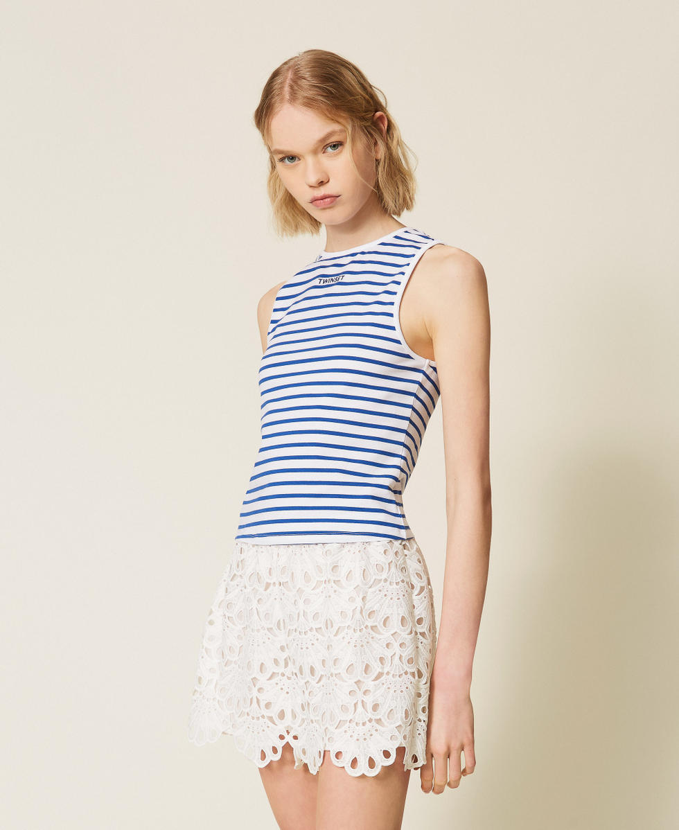 Striped jacquard top Off White/Mediterranean Blue Stripes Woman 261LM2GAA_13583_02