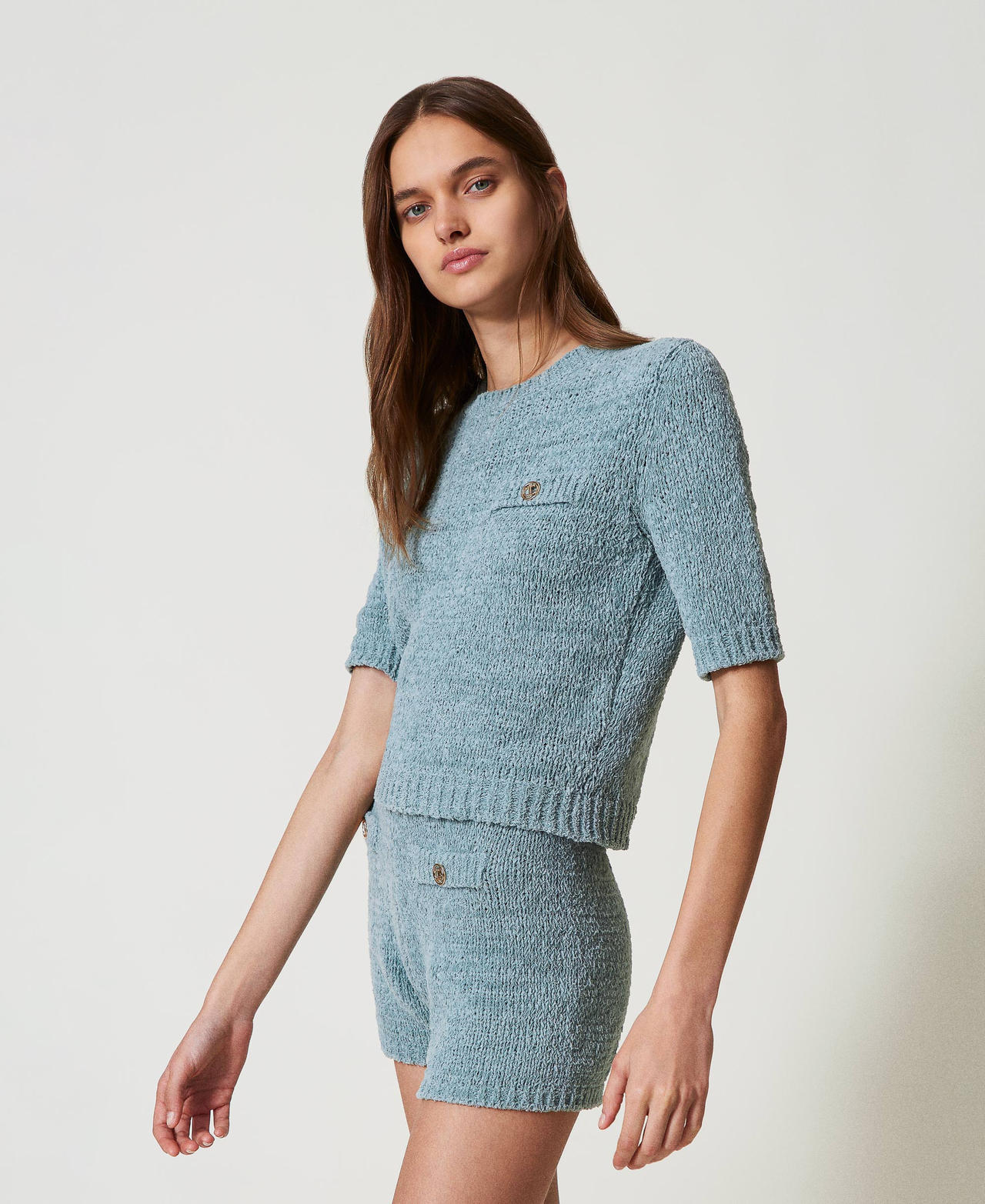 Knit shorts with Oval T buttons Dusty Blue Woman 251TP3441_00485_02