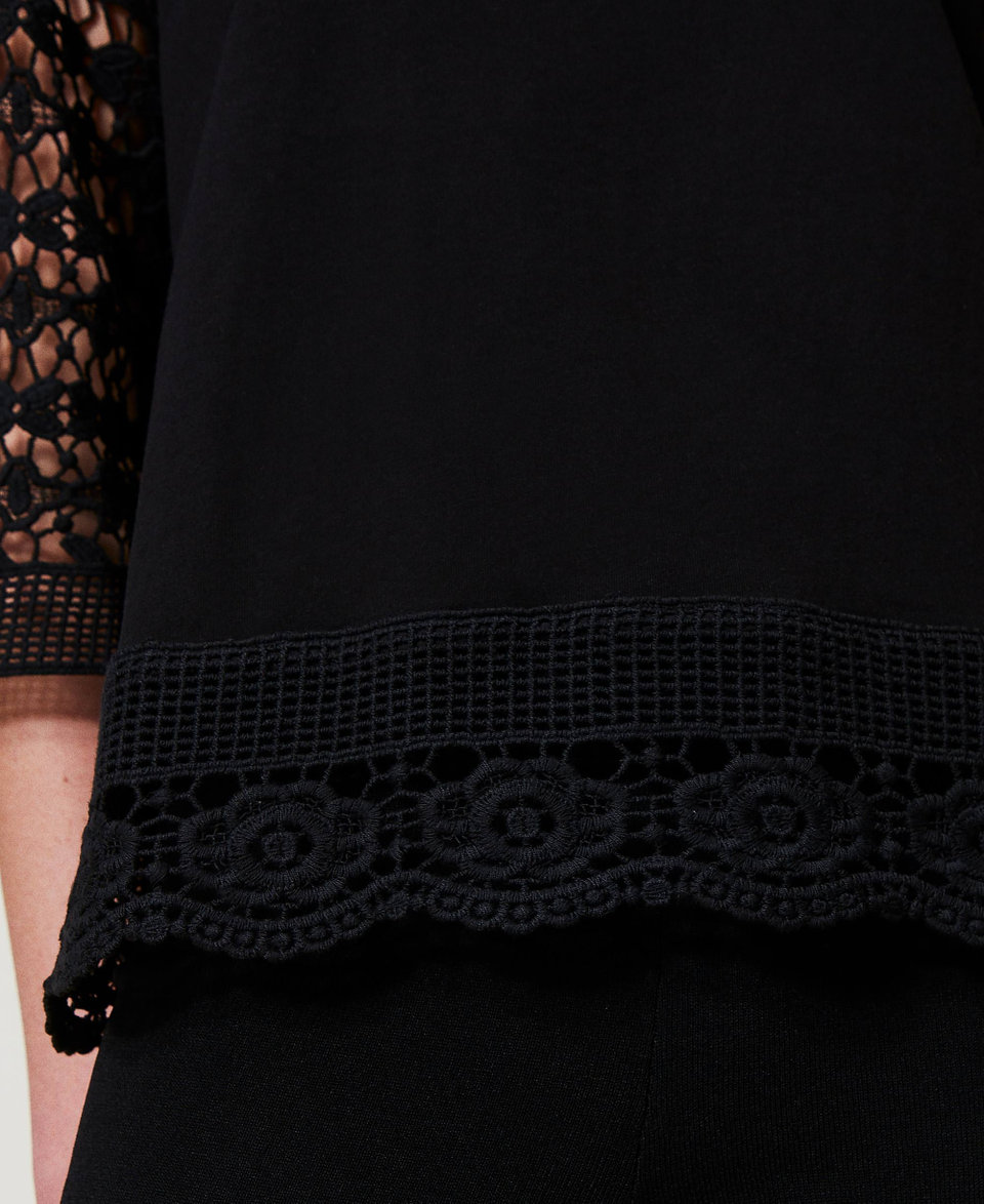 Blouse with macramé lace sleeves Black Woman 251AP2500_00006_03