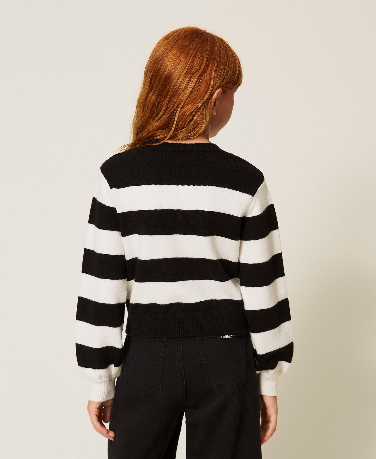 Striped jumper with heart and logo Black/"Snow" White/"Magenta" Heart Red Stripes Girl 262GJ3042_13776_03