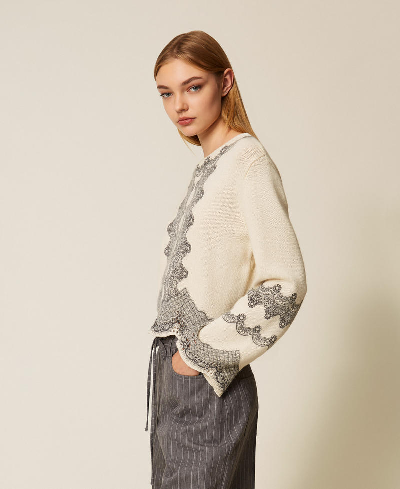 Wool blend jumper with placed print Snow White/Black Lace Print Woman 252TT3480_13040_02