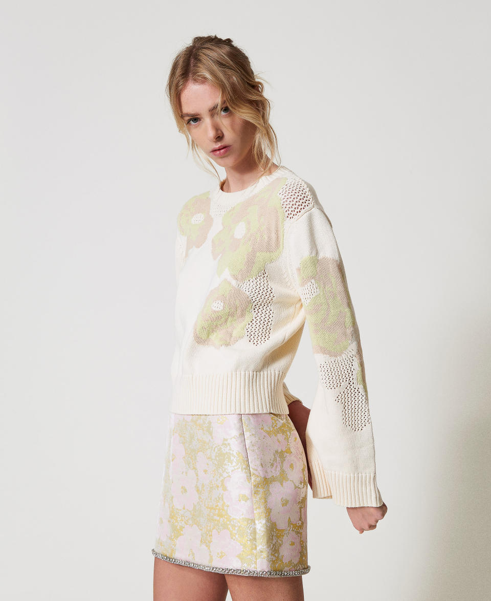 Jacquard jumper with roses Sugar White Woman 251AP3260_00632_01