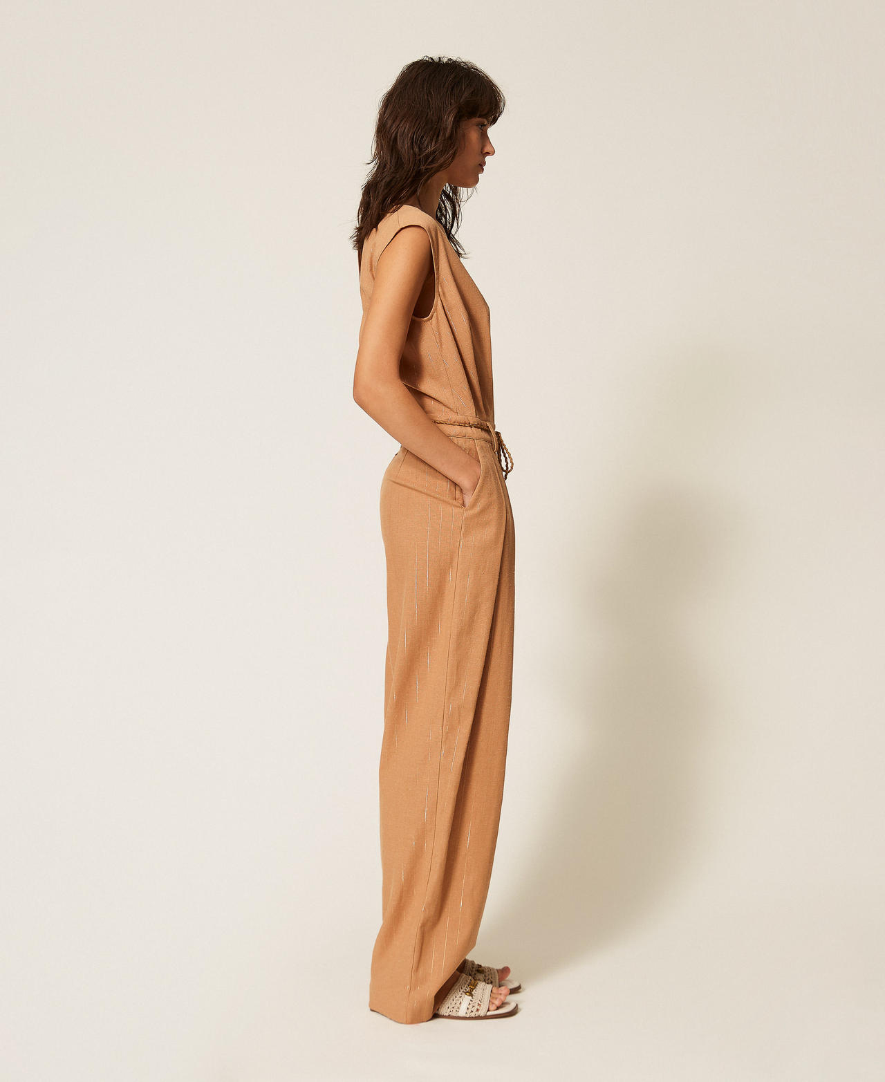 Pinstriped linen blend jumpsuit "Hazelnut” Brown Woman 261LB2QDD_10282_02