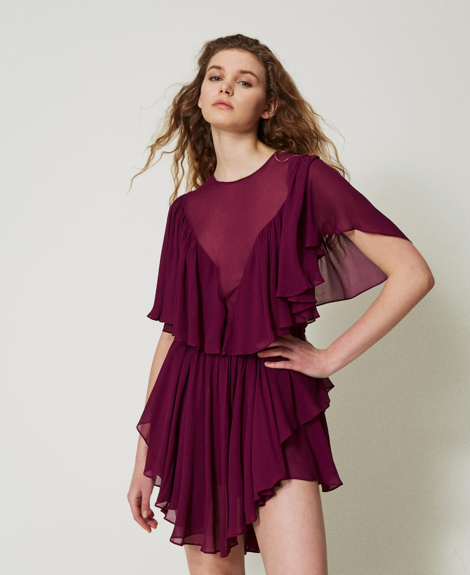 'Capri' short dress in georgette with ruffles “Red Plum” Purple Woman 251TS2072_05245_01