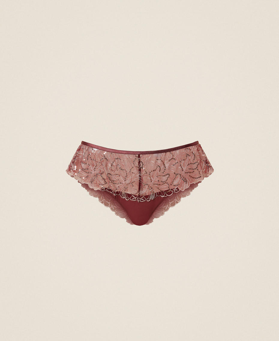 Brazilian briefs with floral embroidery Two tone Red Wine/Pink Dust Lace Woman 252LL6E77_12859_S0