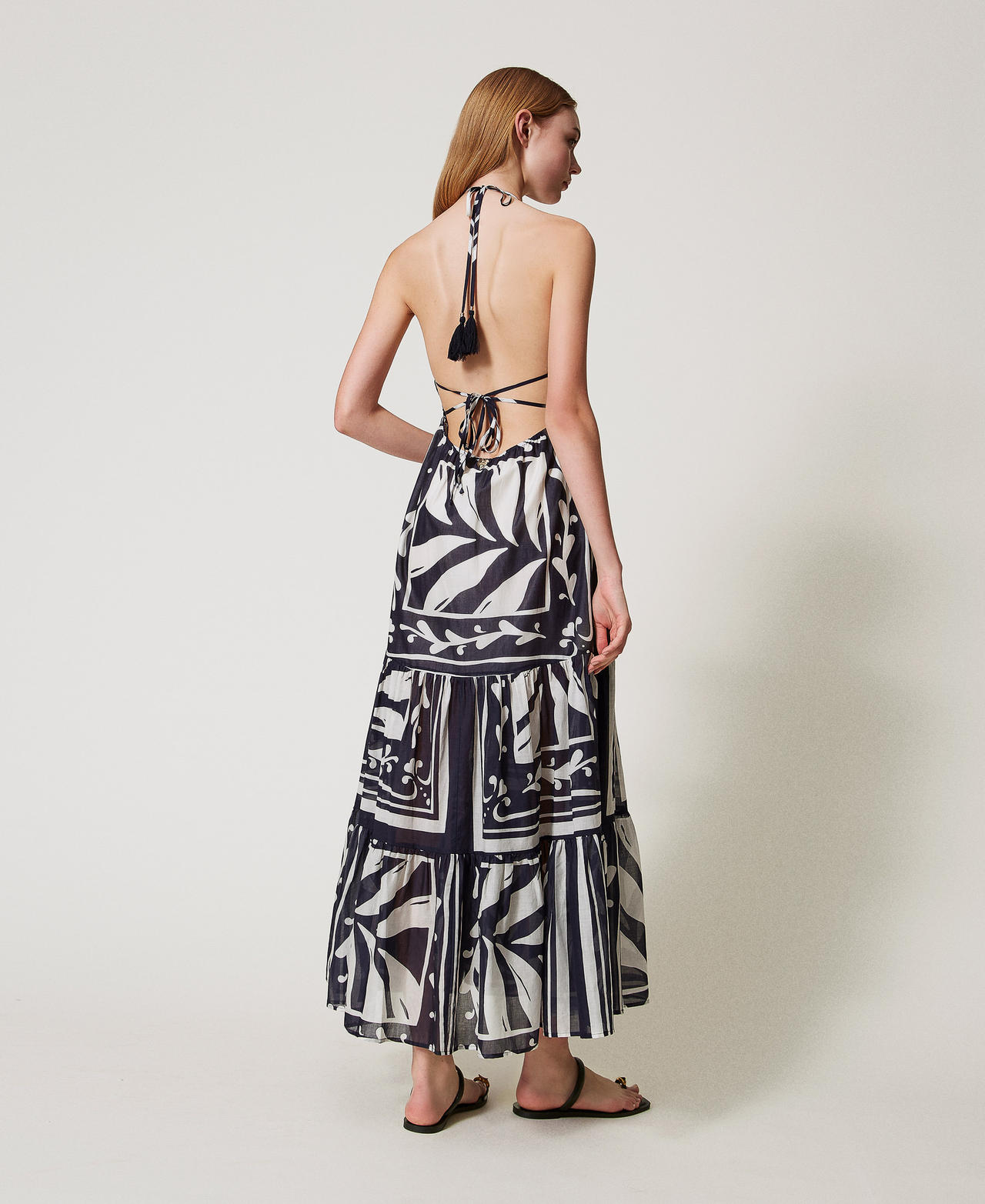 Long dress in muslin and crochet fabric Classic Blue/Classic Blue Foulard Print Woman 251LM2CBB_12489_03