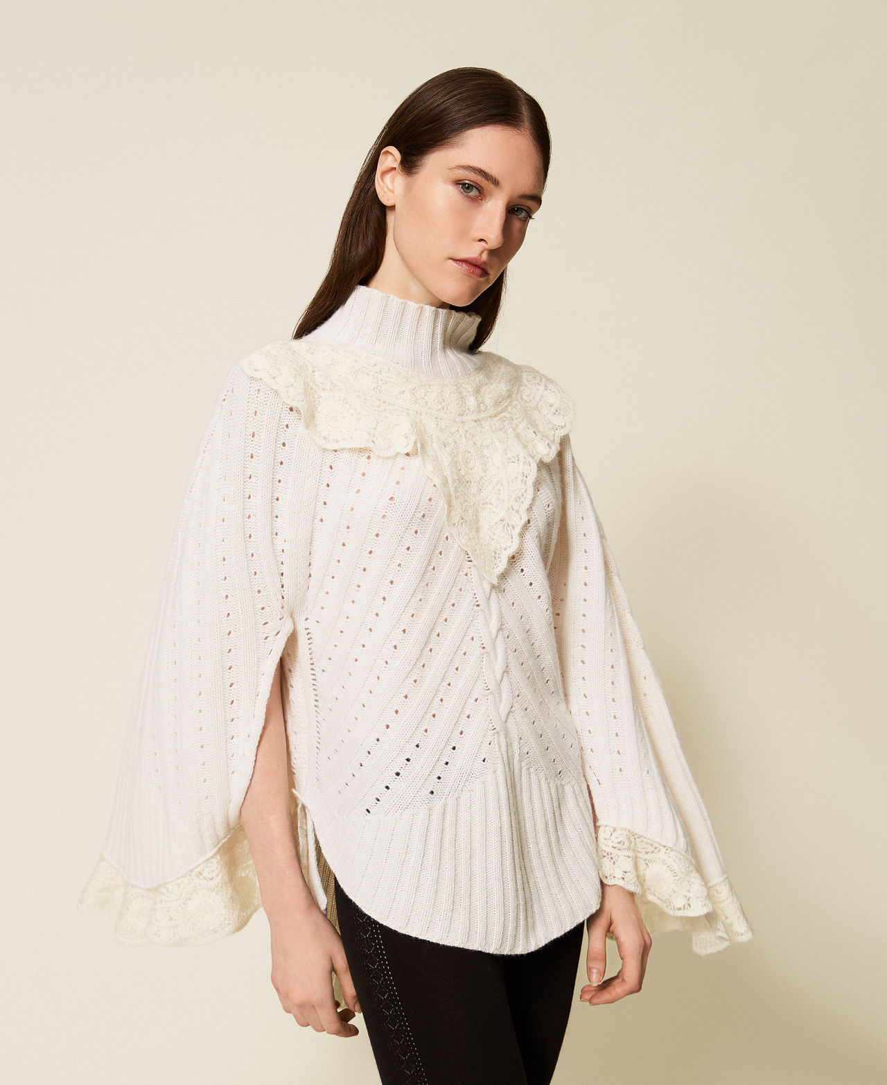 Wool blend maxi jumper with crochet detail White Snow Woman 252TS3353_00282_02