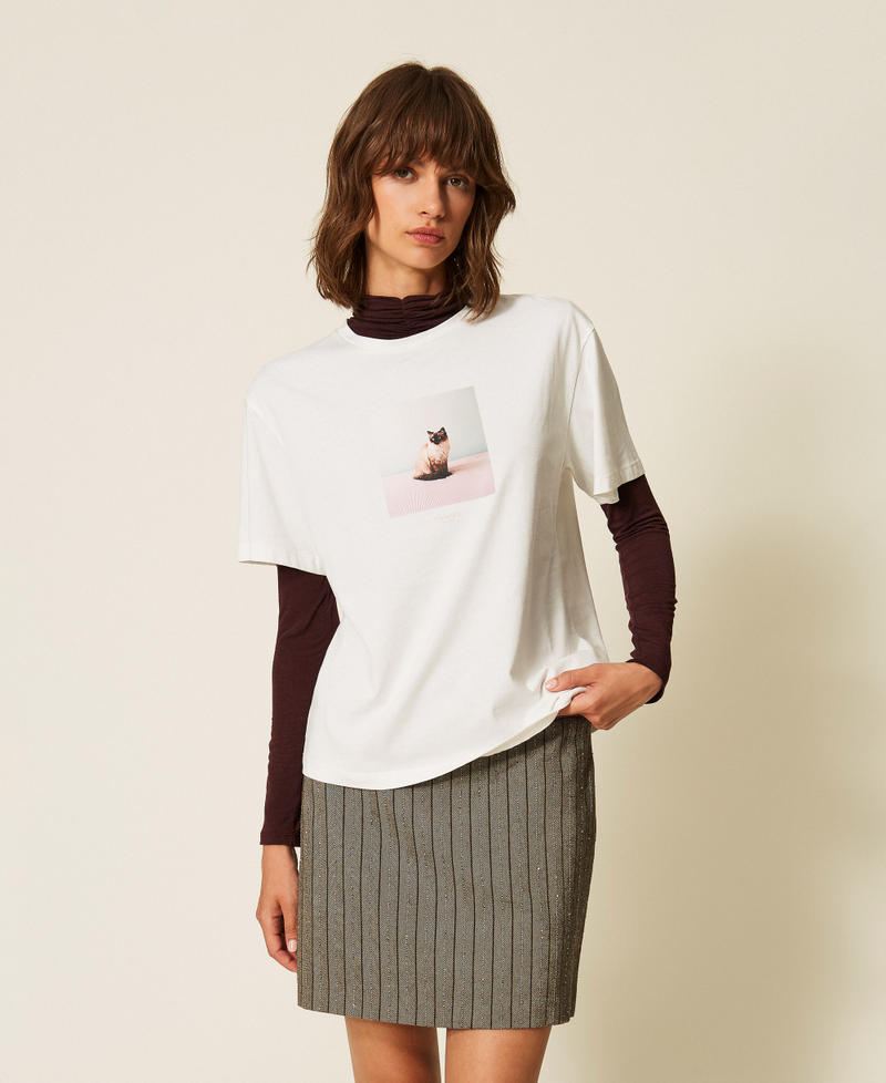 Regular crew neck T-shirt with print Cat/"Lucent White" Print Woman 262TF2090_14113_01