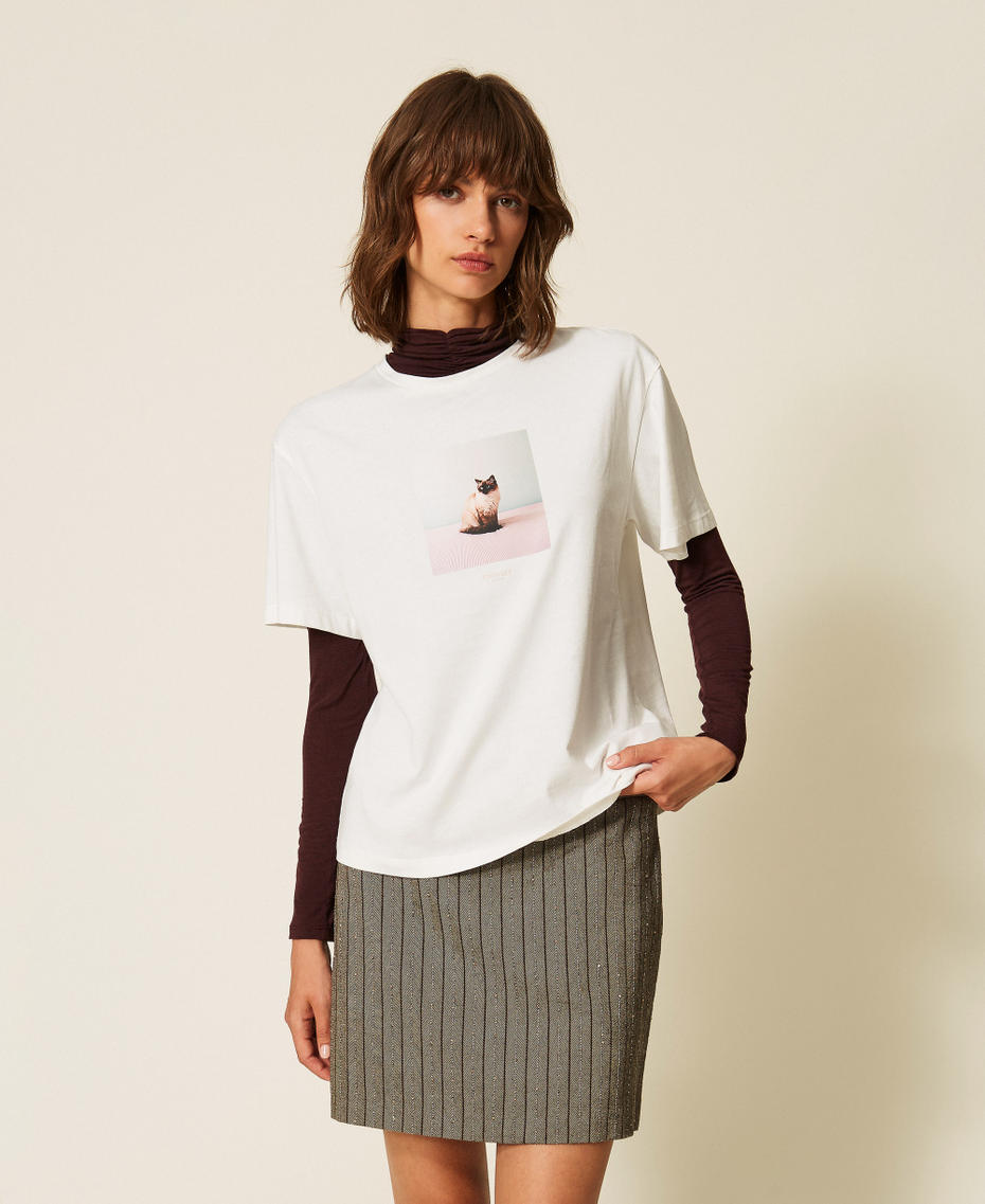Regular crew neck T-shirt with print Cat/"Lucent White" Print Woman 262TF2090_14113_01