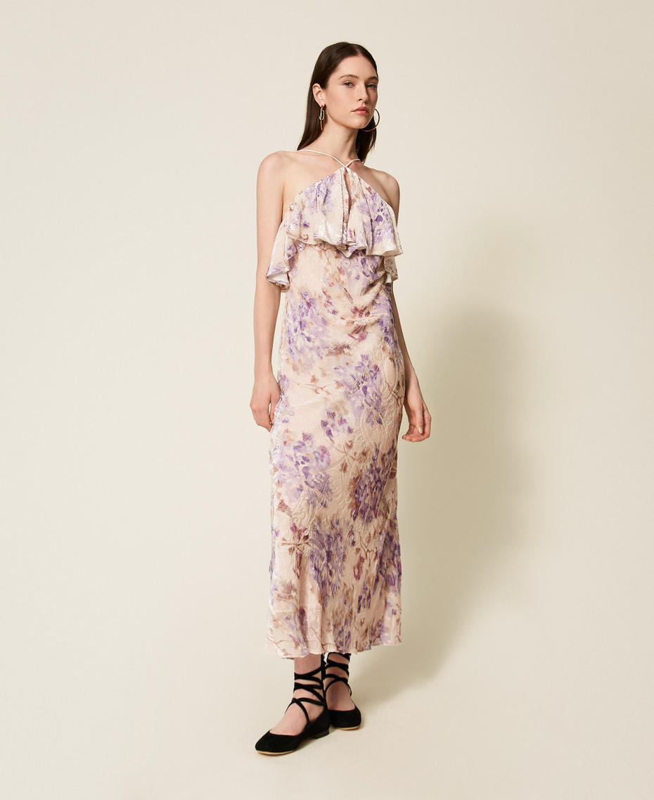 Silk blend velvet floral dress Snow White/Lilac Floral Print Woman 252TS2330_13100_01