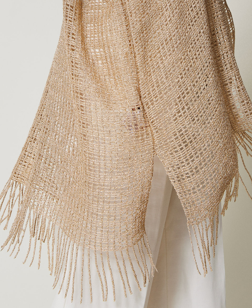 Short mesh and lurex kaftan with fringes Pale "Ginger Root” Beige Woman 251TO5190_11640_04