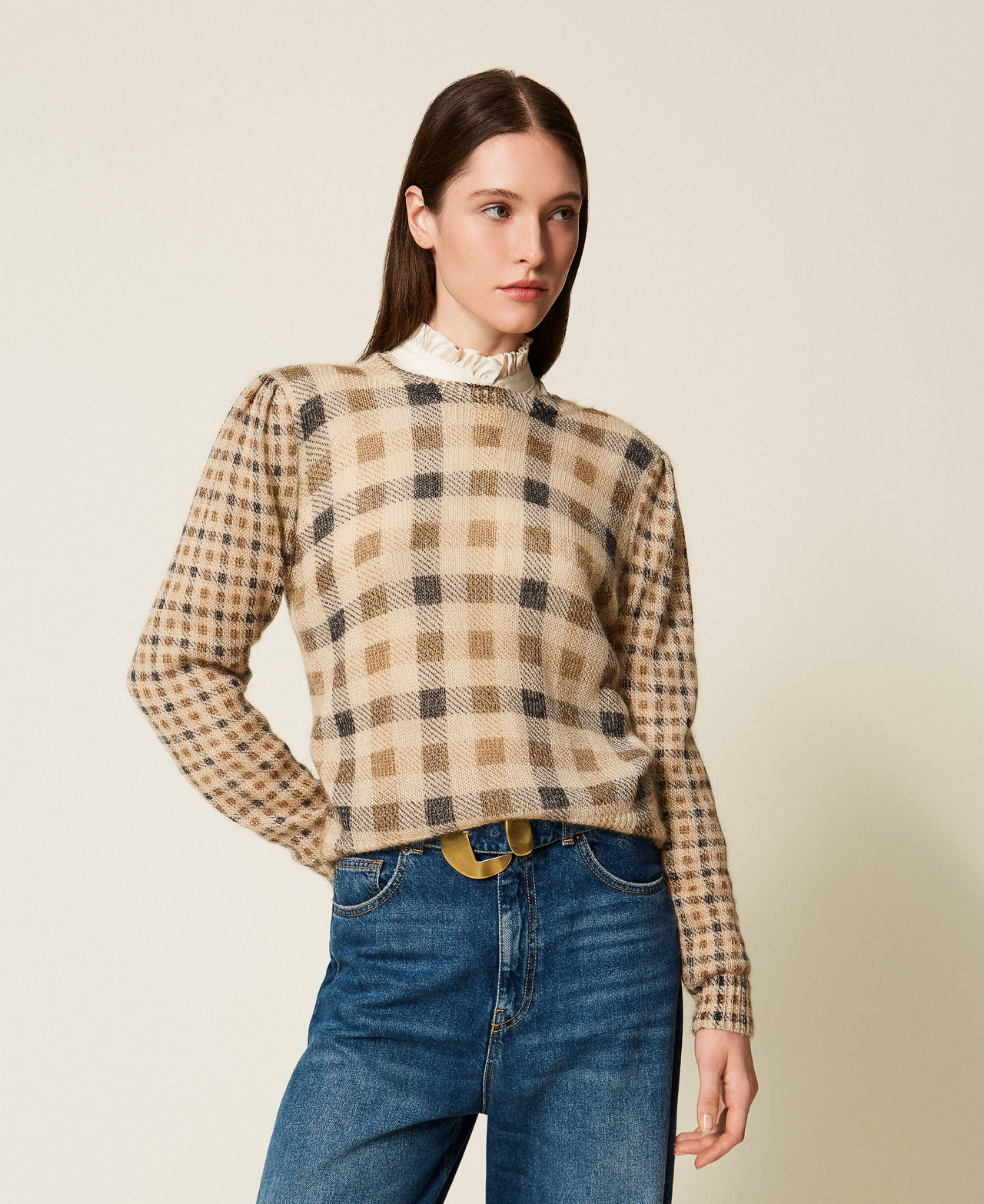 Mohair blend check print jumper Camel/Black Check & Small Check Print Woman 252TT3492_13043_01