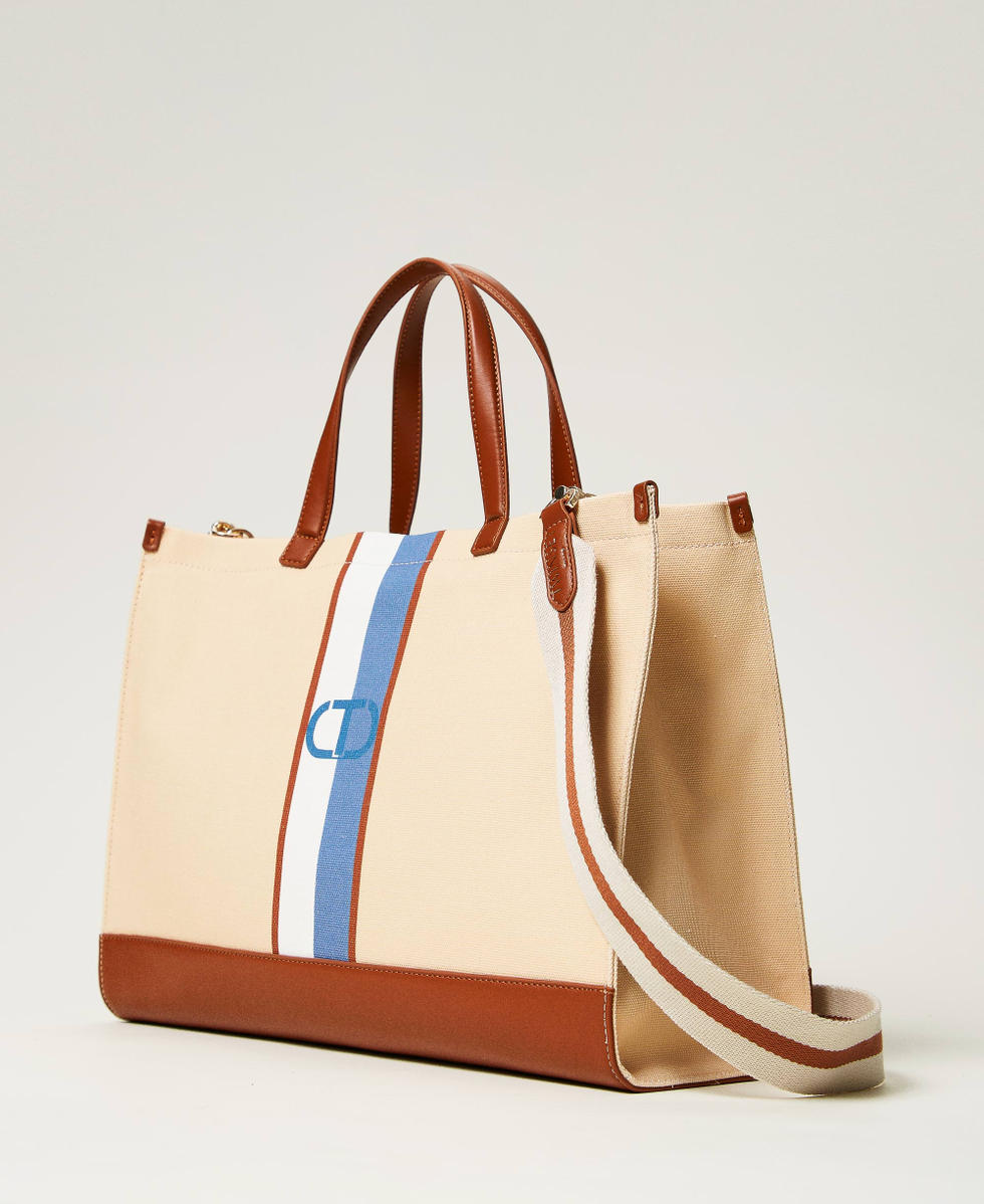 Canvas shopper bag with Oval T Two-tone Light Rope/Dusty Blue Woman 251TB7080_12276_02