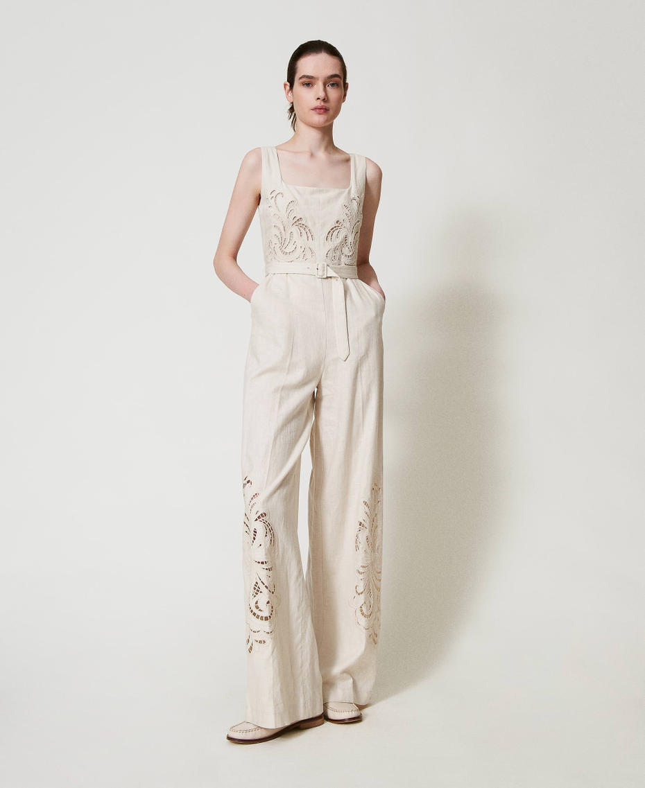 Linen blend jumpsuit with embroidery Mother Of Pearl Woman 251TP2163_00059_01