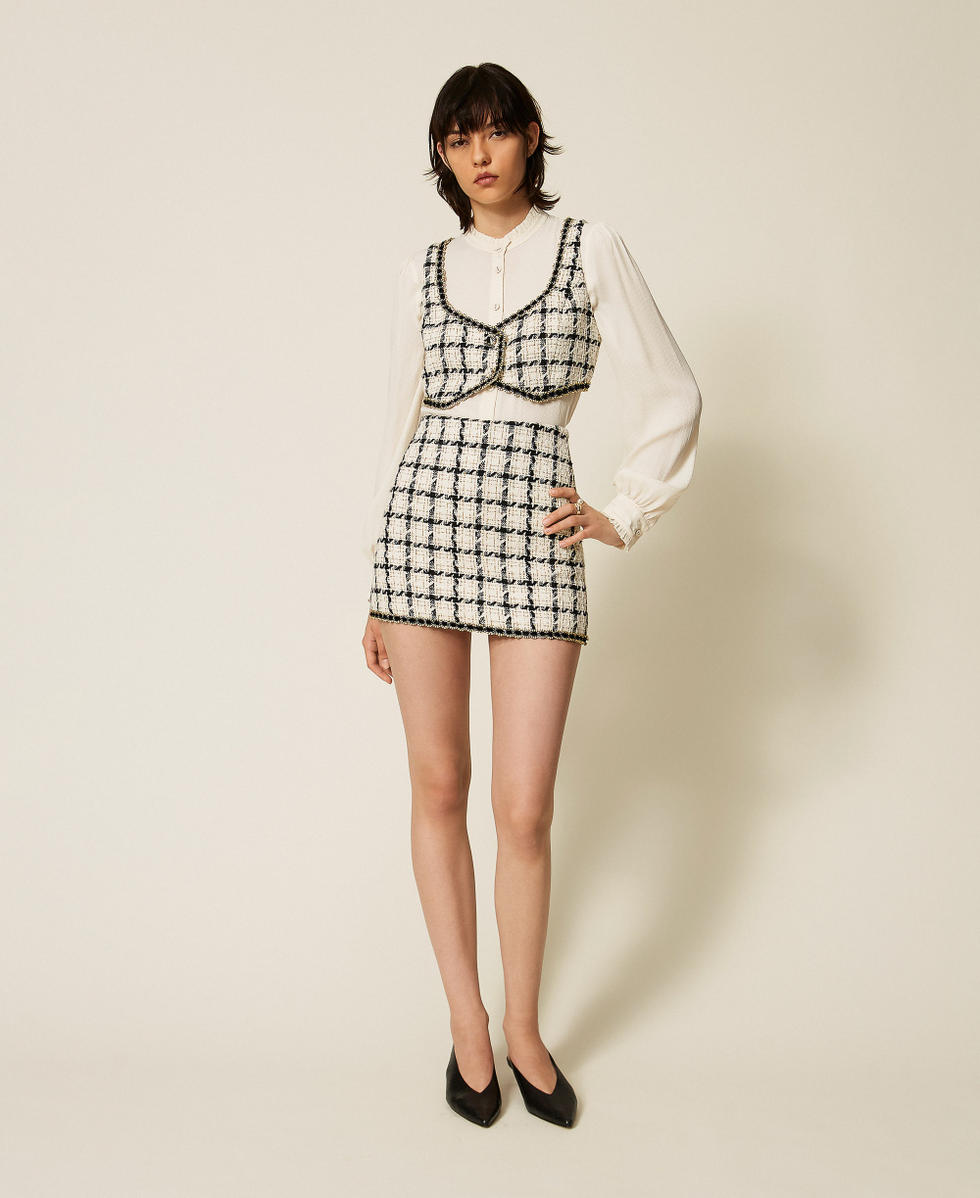 Short boucl&eacute; top with check pattern Grey/Black/Gold Check Boucl&egrave; Woman 262TP2753_13859_T0