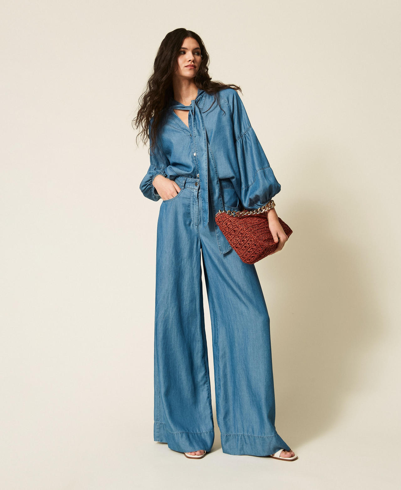 Denim shirt with bow Light Blue Denim Woman 261AT2054_07283_01