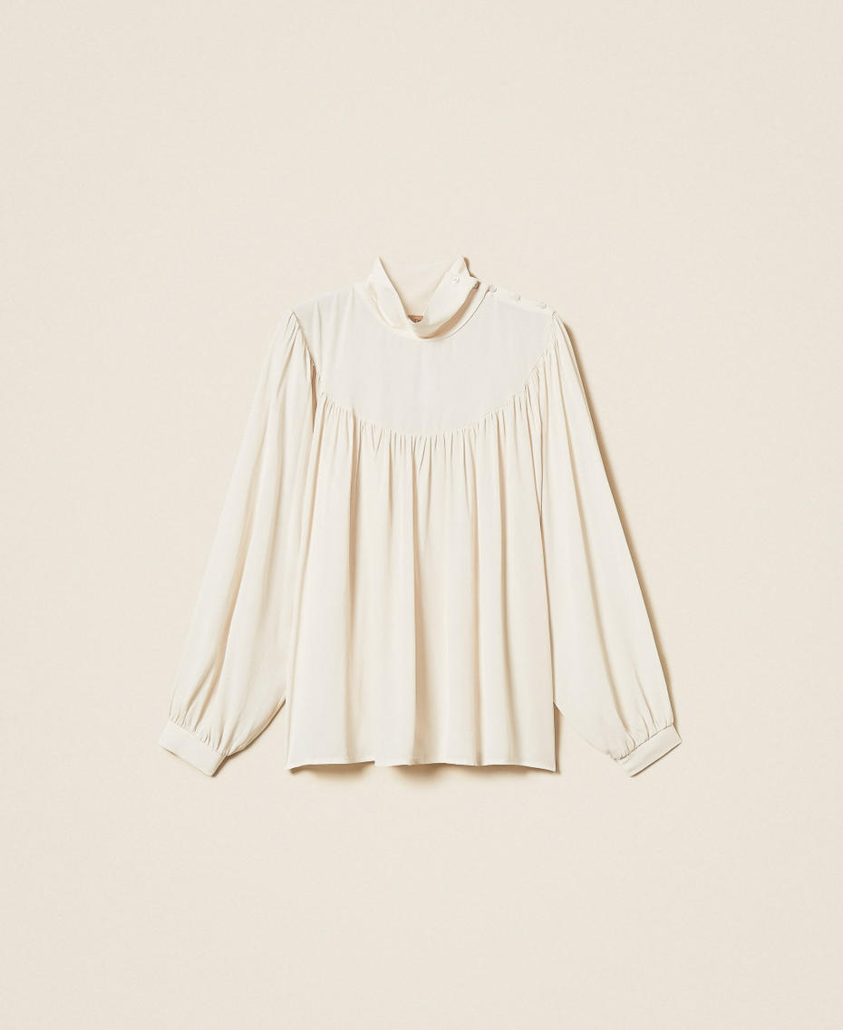 Cr&ecirc;pe de Chine blouse with gathering Ivory Woman 262TF2054_00018_S0