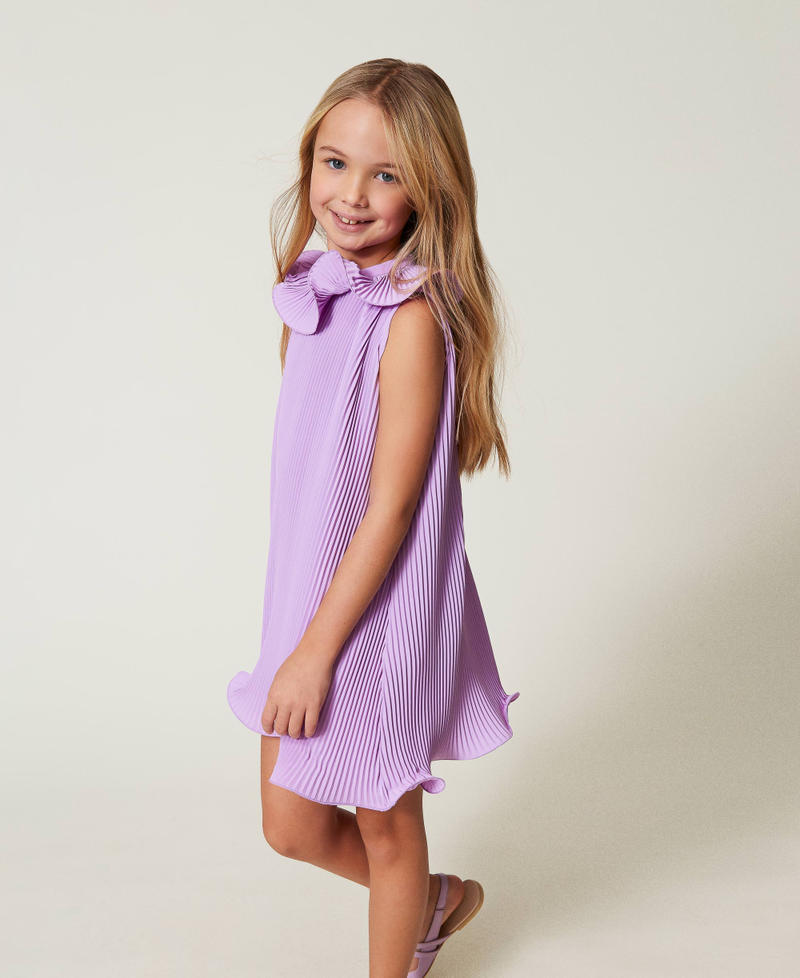 Pleated crêpe de Chine short dress Pastel Violet Girl 251GJ2QQ6_11862_02