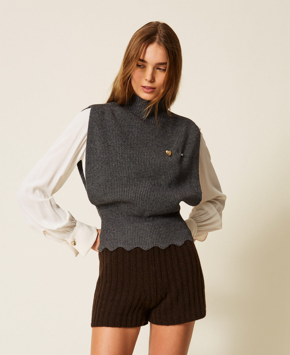 Wool blend top with brooch Dark Grey Melange Woman 262TP3050_12839_01