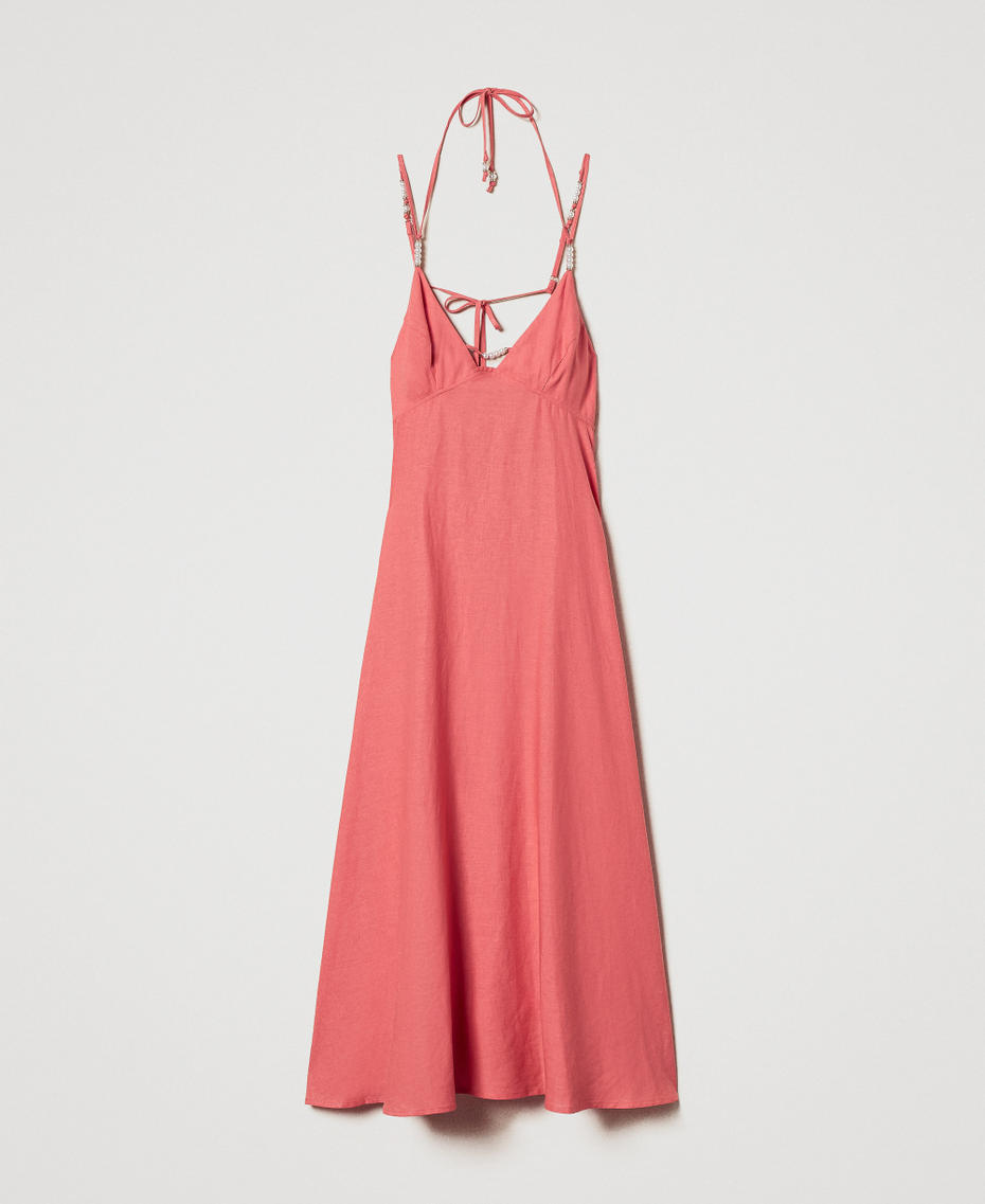 Long linen-blend dress with pearls Coral Sunset Woman 251LM2QBB_12360_S0