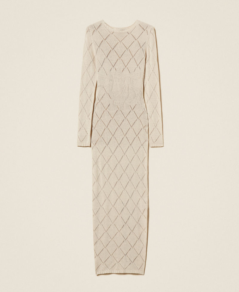 Long Treeblend yarn dress with diamond pattern Pale Cream Woman 252TP3470_00522_S0