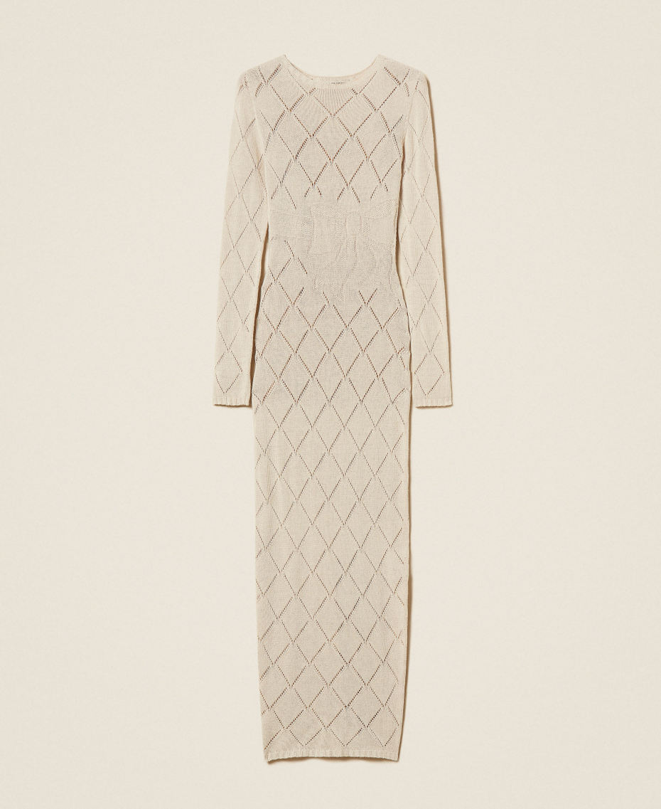 Long Treeblend yarn dress with diamond pattern Pale Cream Woman 252TP3470_00522_S0