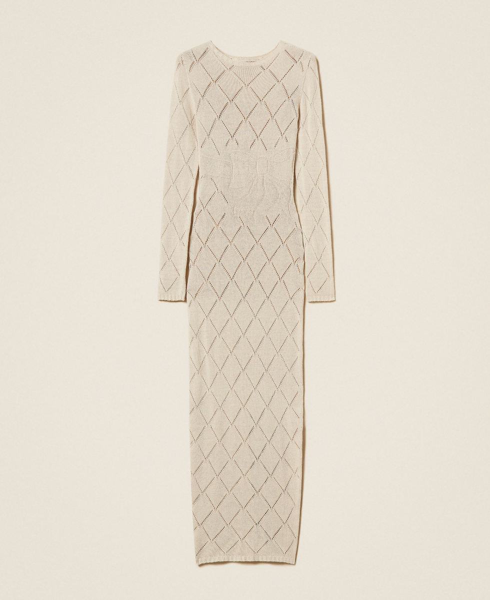 Long Treeblend yarn dress with diamond pattern Pale Cream Woman 252TP3470_00522_S0