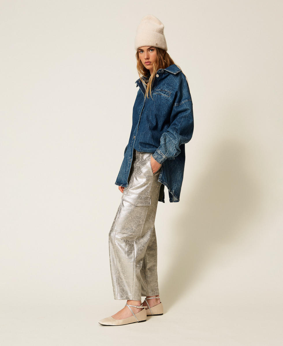 Pantalon effet cuir craquel&eacute; Argent Femme 252AP2400_00995_01