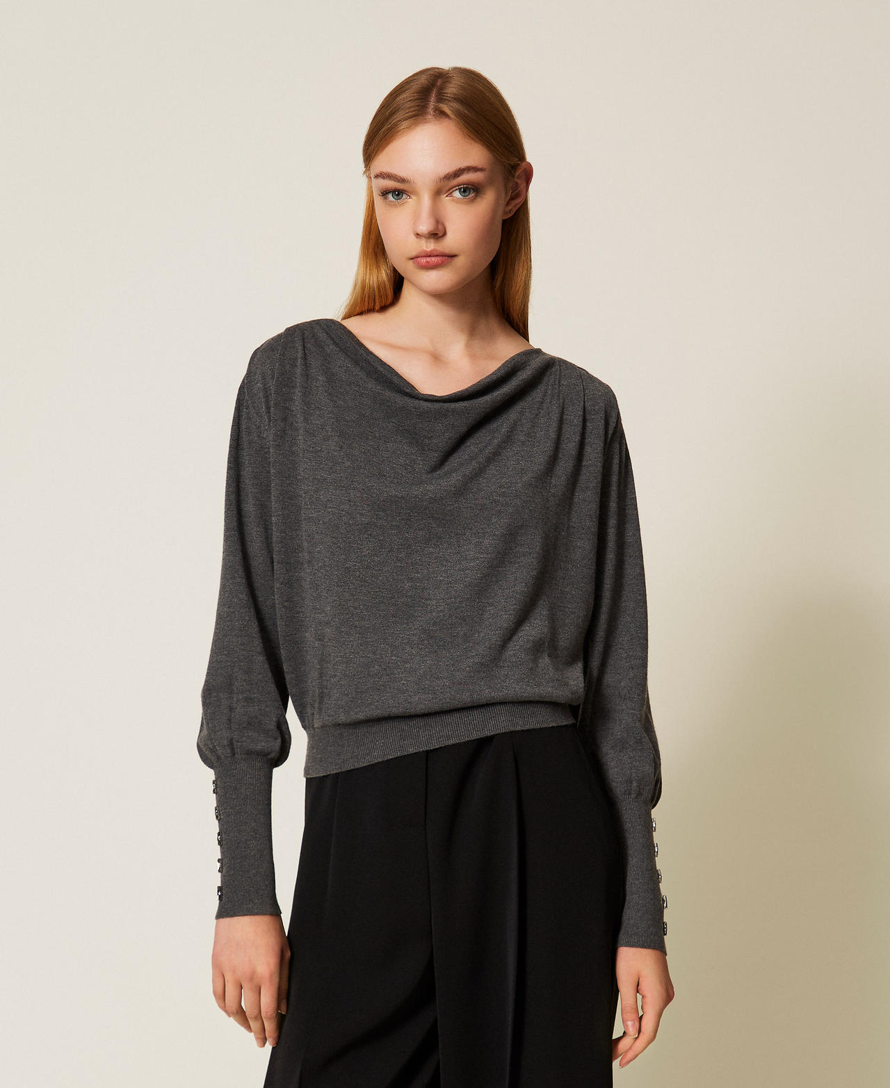 Jumper with draping and embroidery Medium Gray Mélange Woman 252AP3051_0082M_01
