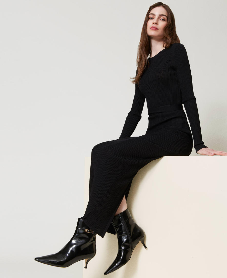 Faux patent leather ankle boots with strap