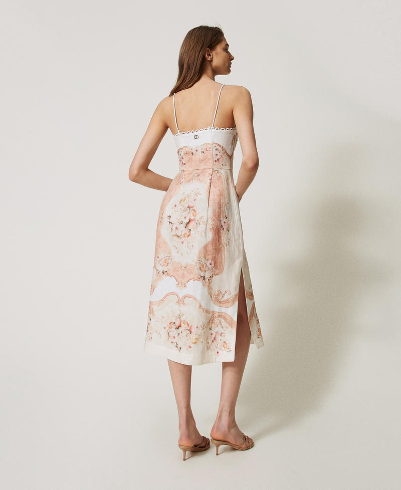 Midi dress in printed linen Flowers Tapestry Dusty Coral Shade Print Woman 251TT2440_12527_03