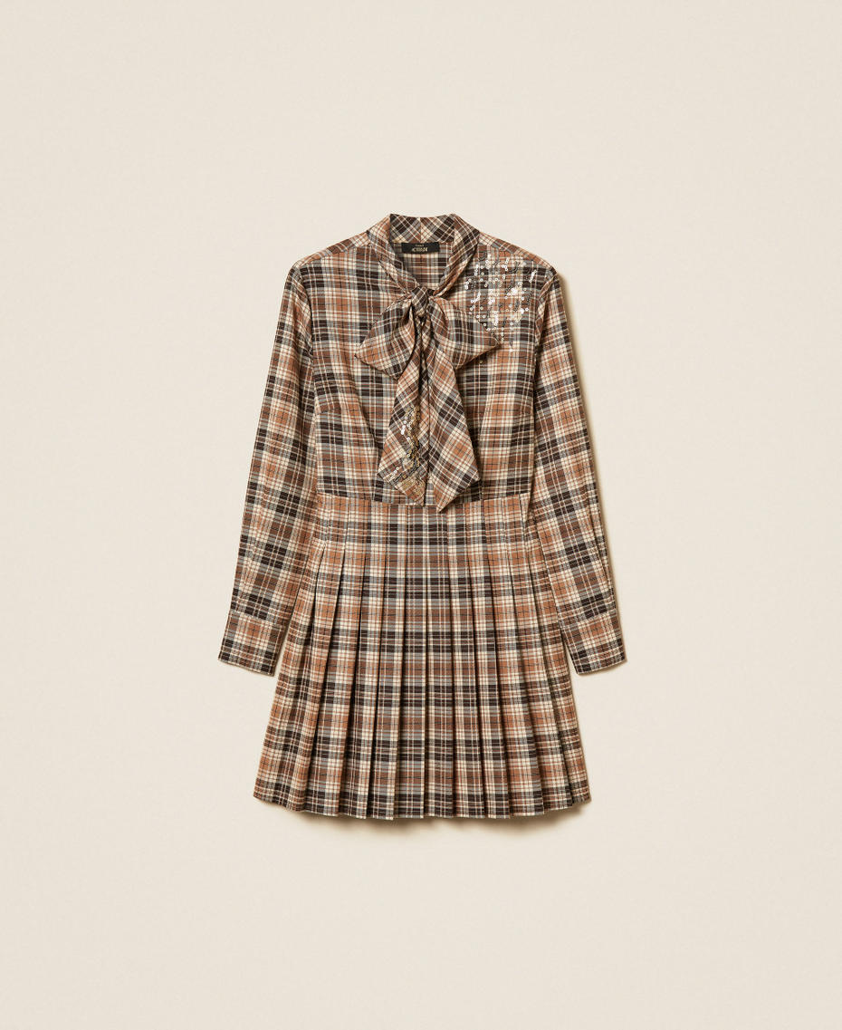 Short flannel dress with embroidery "Iced Coffee Tartan" Brown Woman 262AP2301_13691_S0