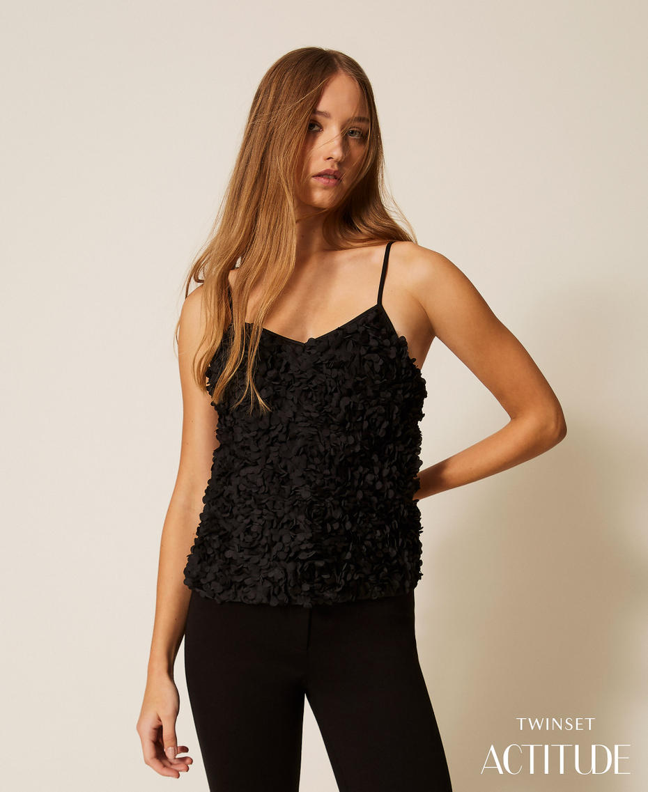 Top in cr&ecirc;pe de Chine e tulle con fiori Nero Donna 261AP2235_00006_PA