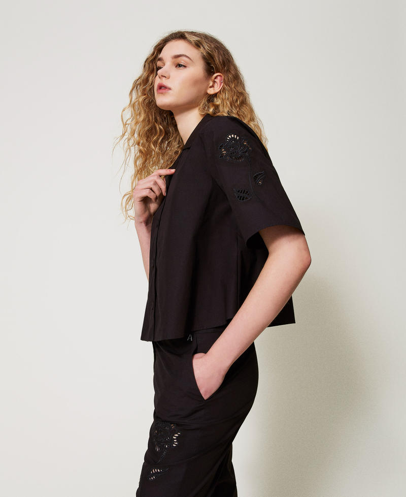 Cropped poplin shirt with embroidery Black Woman 251AX2090_00006_01