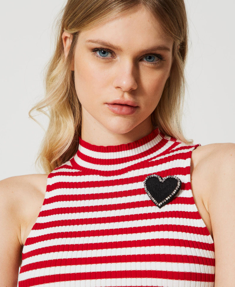 Striped top with brooch Two-tone &ldquo;Snow&rdquo; White / &ldquo;Poppy&rdquo; Red Woman 231TP3291_10410_04