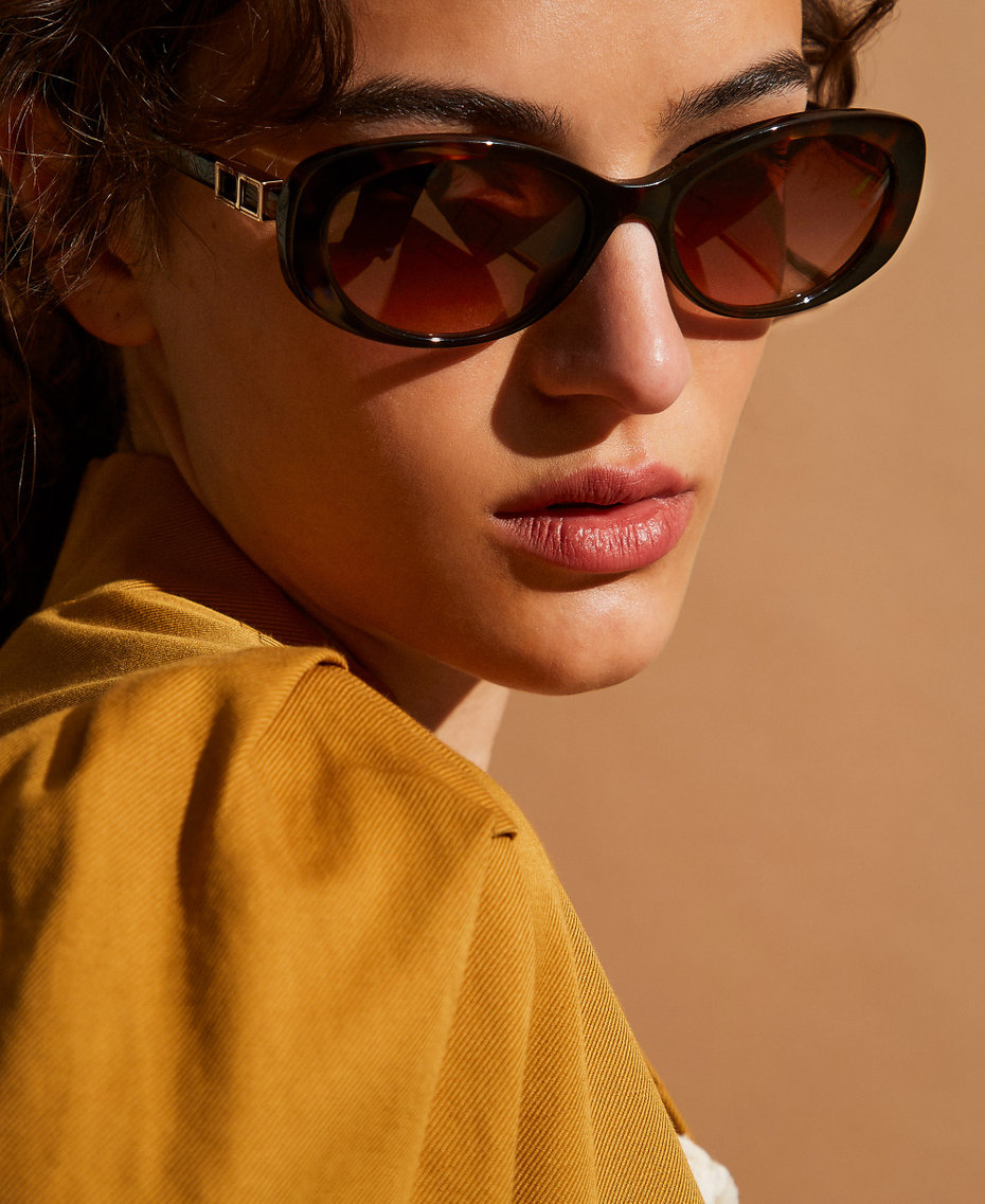 Oval-shaped acetate sunglasses Dark Havana Woman 999TZ5093_14145_T0