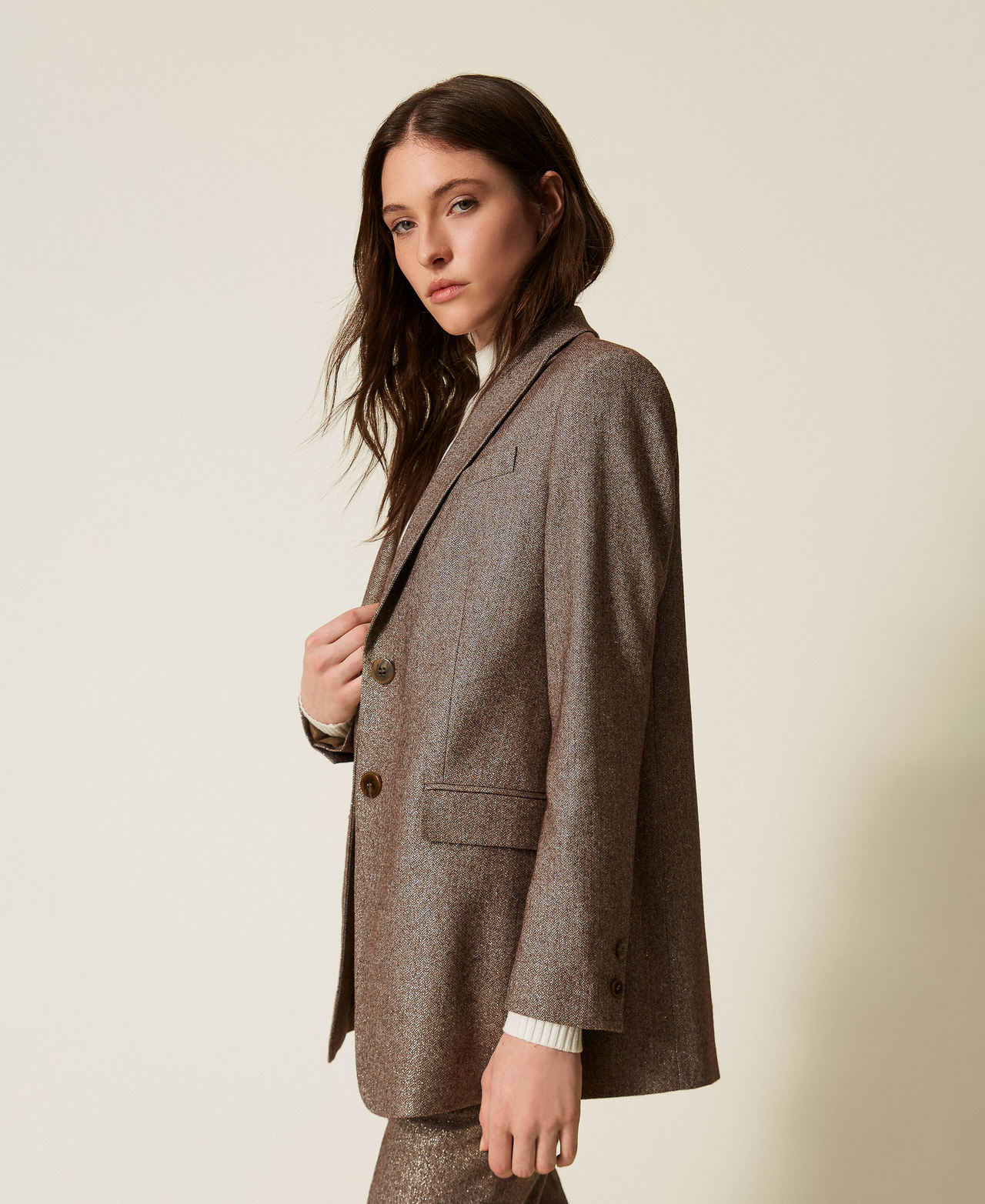 Wool blend blazer with lurex Brown Gold Lurex Herringbone Woman 252TT2160_12864_02