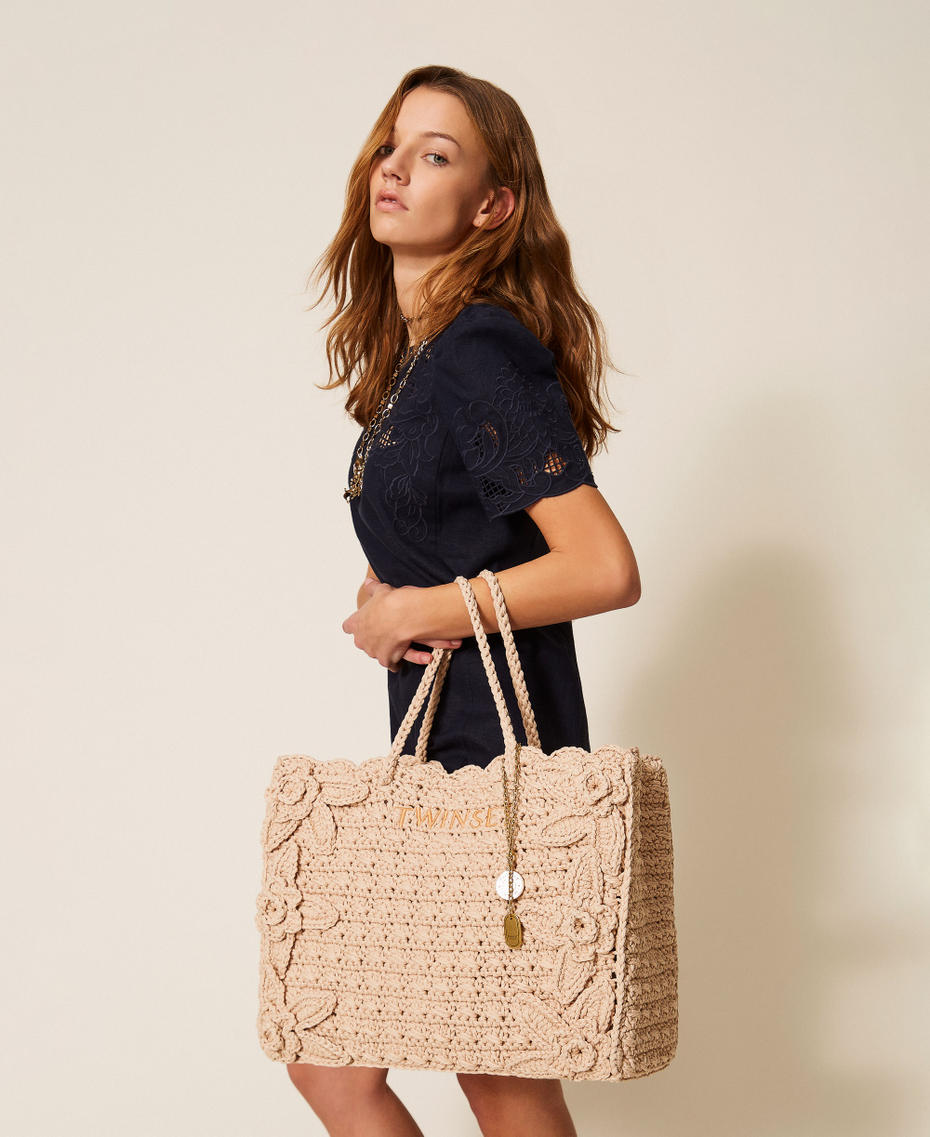 Crochet shopper bag with charms Delicate Sand Beige Woman 261TB7510_13161_T0