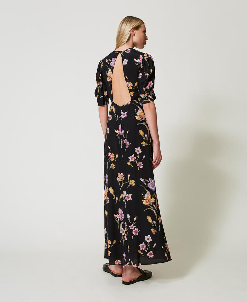 Long cr&ecirc;pe de Chine floral dress Multicolour/Black Iris Print Woman 251TP2770_12328_03