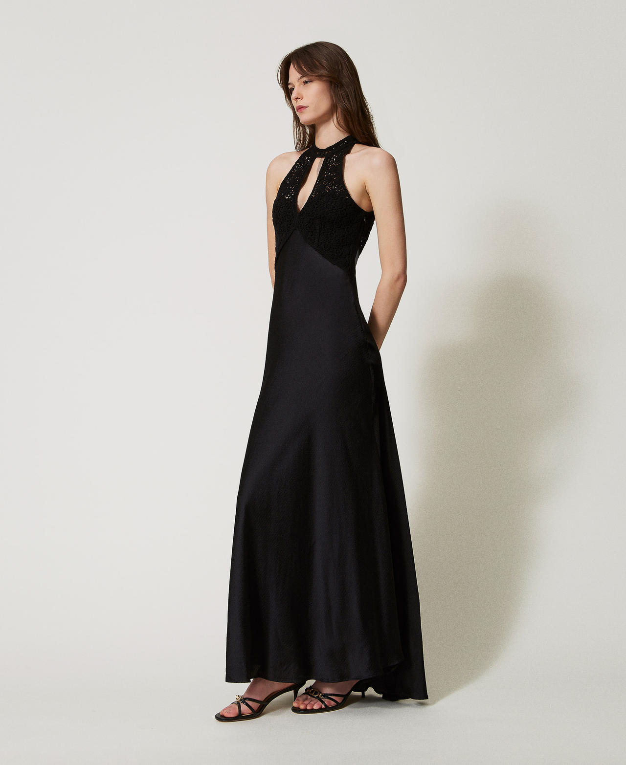 Long satin dress with crochet bodice Black Woman 251TT2080_00006_02