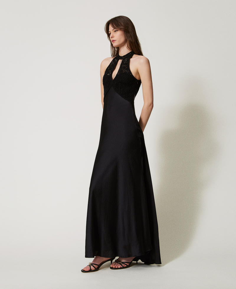 Long satin dress with crochet bodice Black Woman 251TT2080_00006_02
