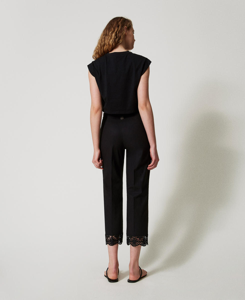 Cropped poplin trousers with lace Woman, Black | TWINSET Milano